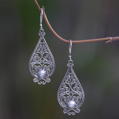 Filigree Tendrils Balinese Cultured Pearl Silver Filigree Handcrafted Earrings