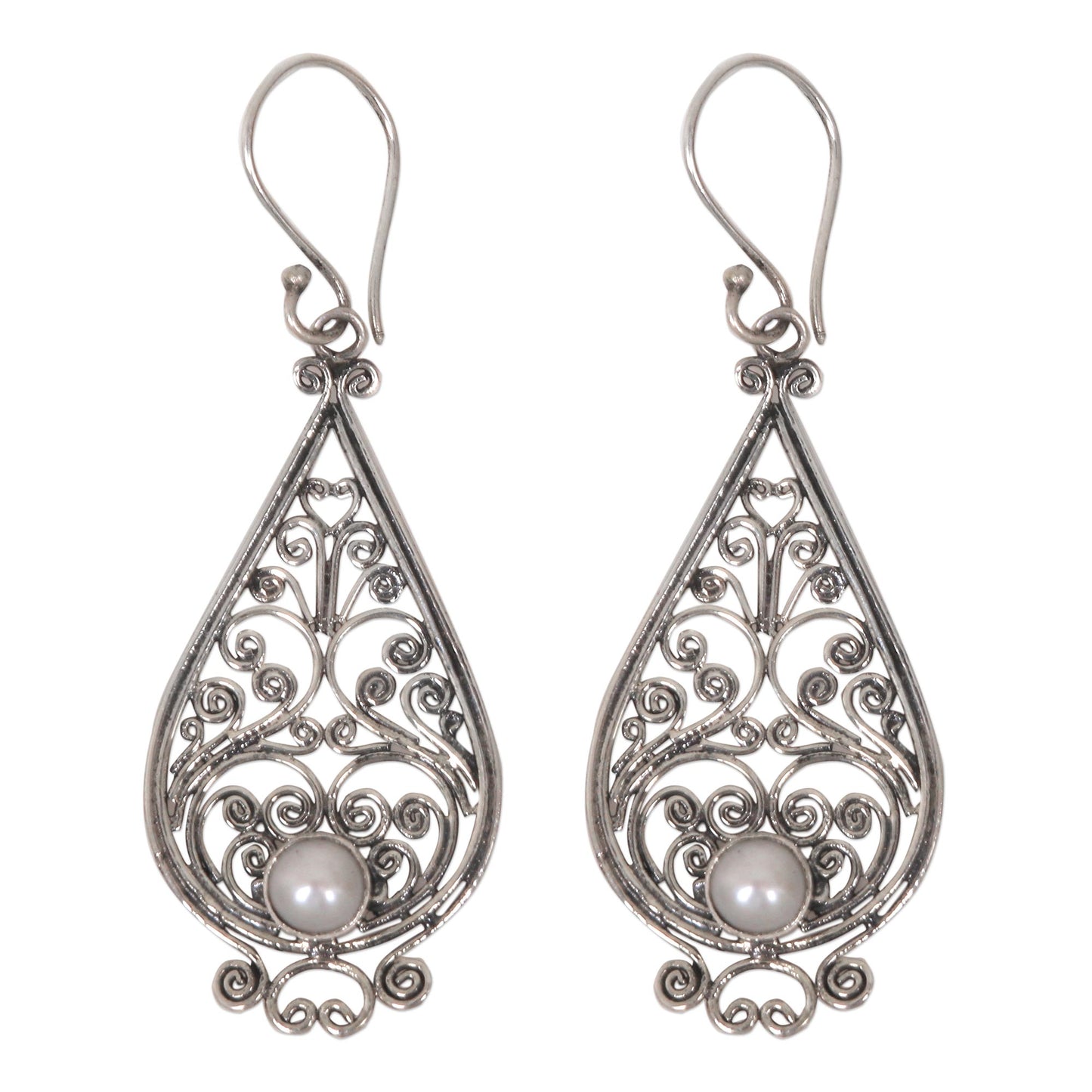 Filigree Tendrils Balinese Cultured Pearl Silver Filigree Handcrafted Earrings