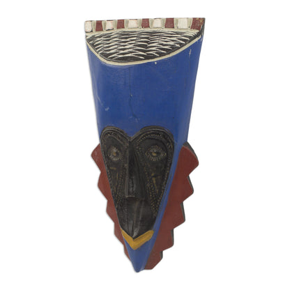 A Wealthy Man Brass Inlay Blue African Mask Hand Carved of Wood