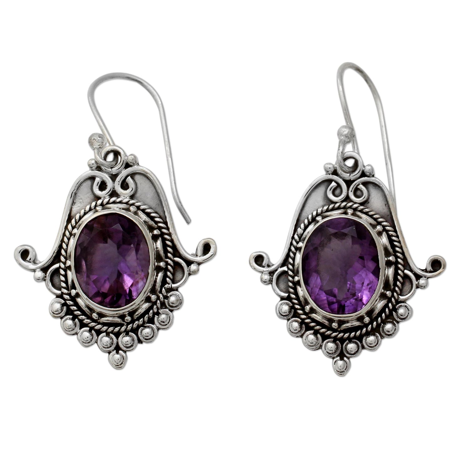 Jaipuri Glam Ornate Amethyst and Sterling Silver Dangle Earrings