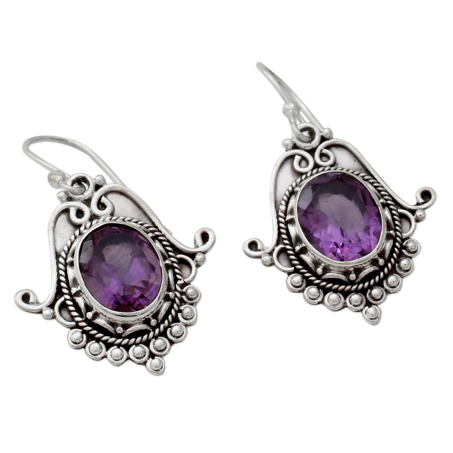 Jaipuri Glam Ornate Amethyst and Sterling Silver Dangle Earrings