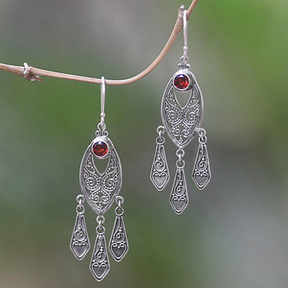 Balinese Wind Chime Handcrafted Garnet Chandelier Earrings in Sterling Silver