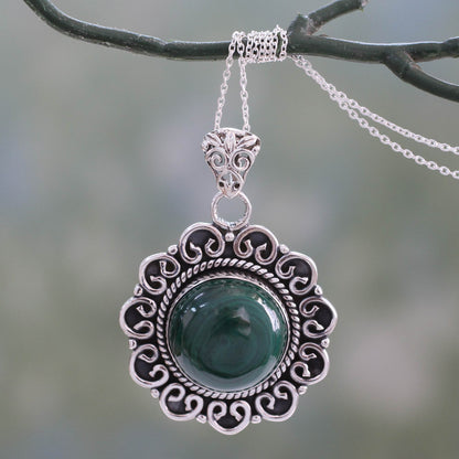 Forest Reverie Natural Malachite Pendant Necklace in 925 Sterling SIlver