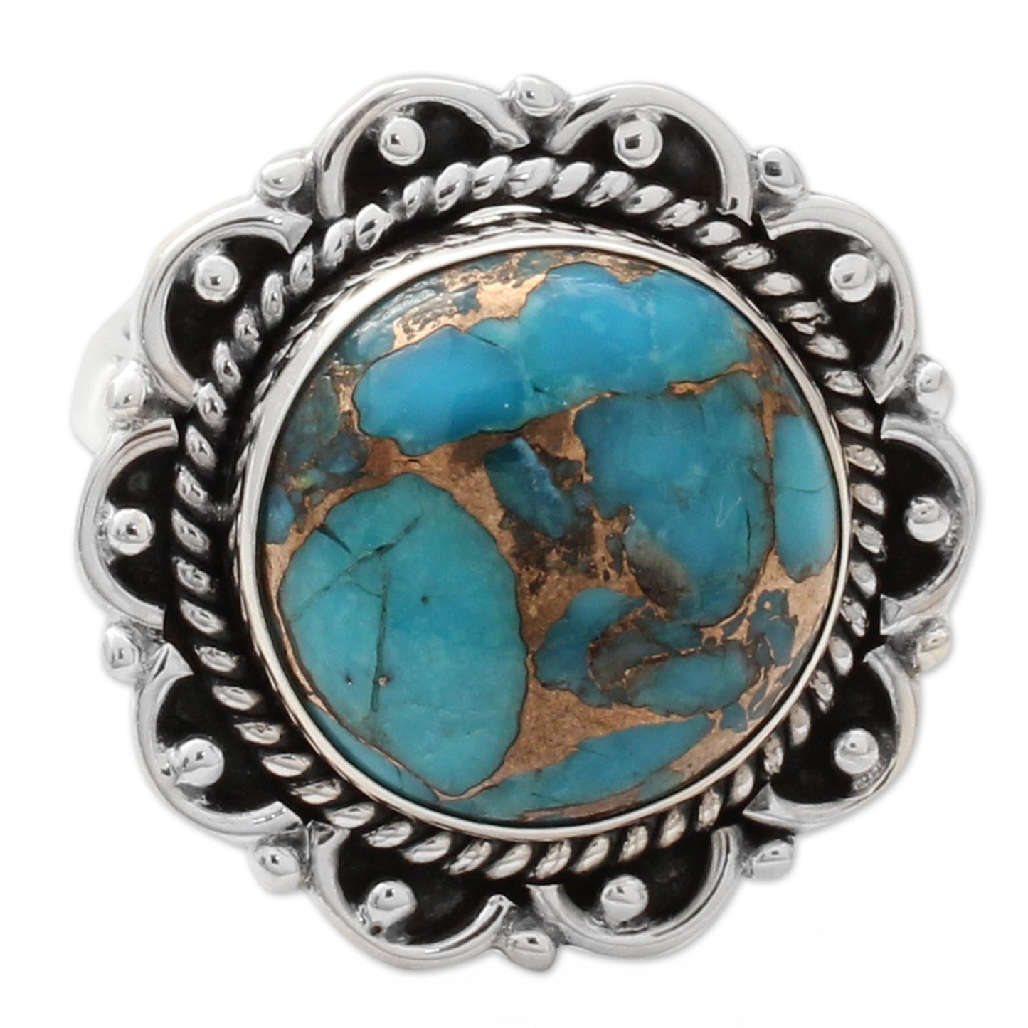 Golden Aqua Swirls Composite Turquoise Ring with Sterling Silver Petals