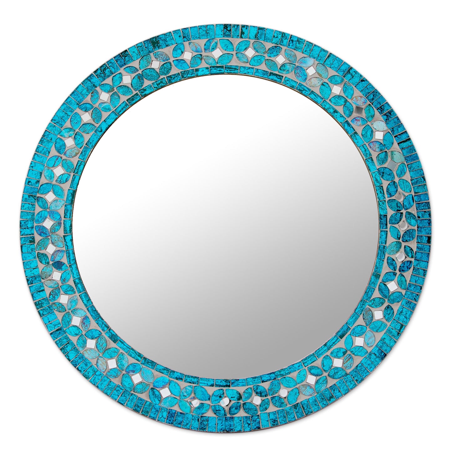 Turquoise Blossom Round Turquoise Glass Mosaic Tile Mirror with Flower Motif