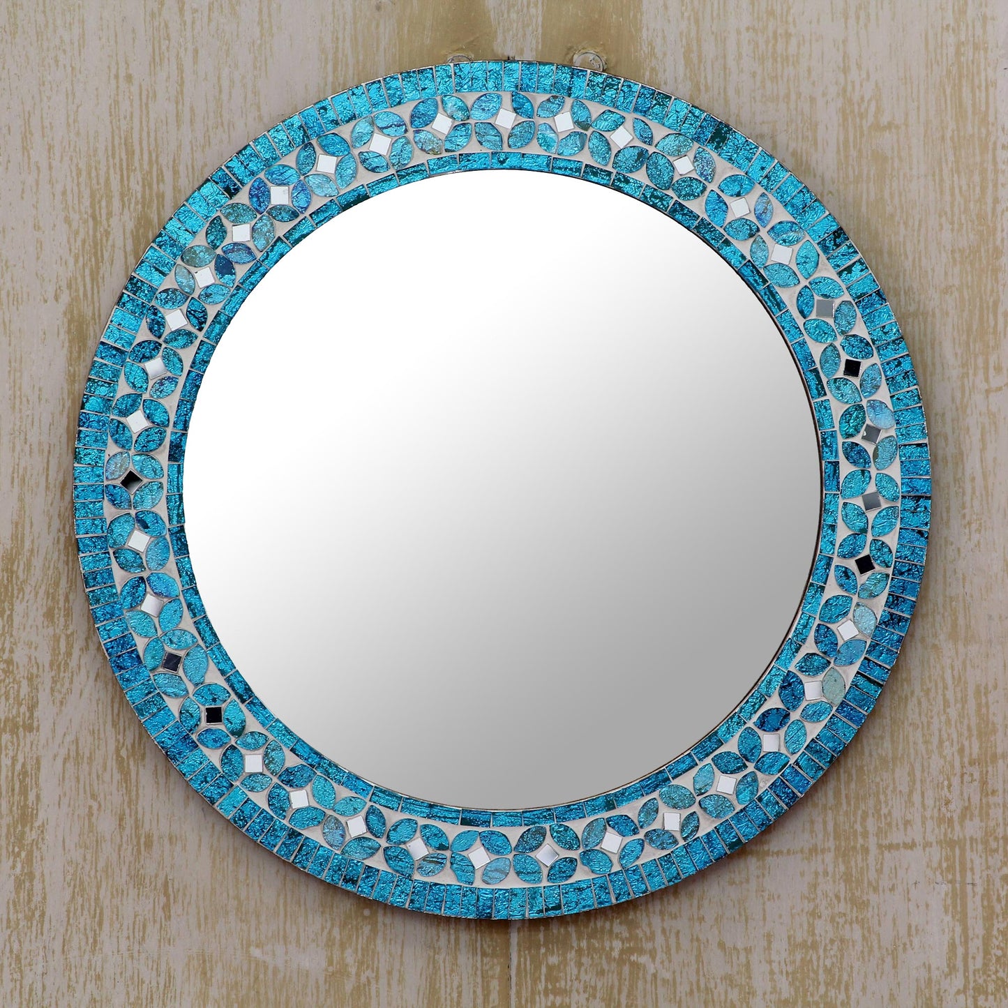 Turquoise Blossom Round Turquoise Glass Mosaic Tile Mirror with Flower Motif