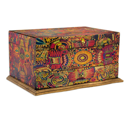 Huichol Enchantment Huichol Theme Decoupage on Pinewood Jewelry Box with 3 Decks