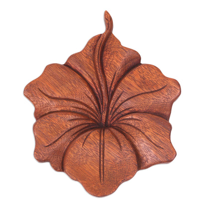 Single Hibiscus Balinese Hand Carved Hibiscus Flower Wood Relief Panel