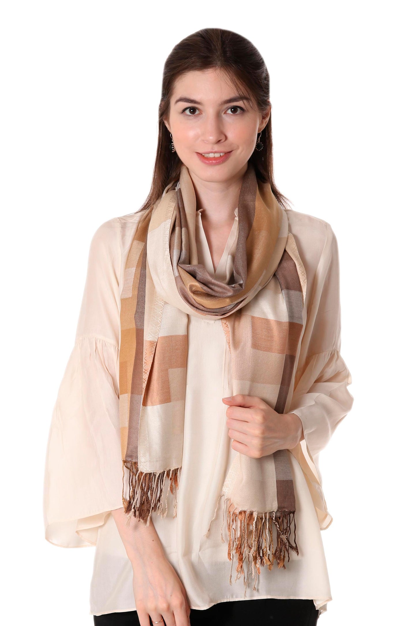 Earthy Story Indian Viscose Shawl with Geometric Pattern