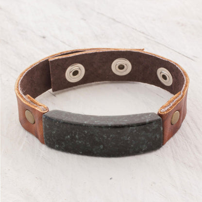 Dark Green Maya Fortress Men's Leather Wristband Bracelet with Dark Green Jade