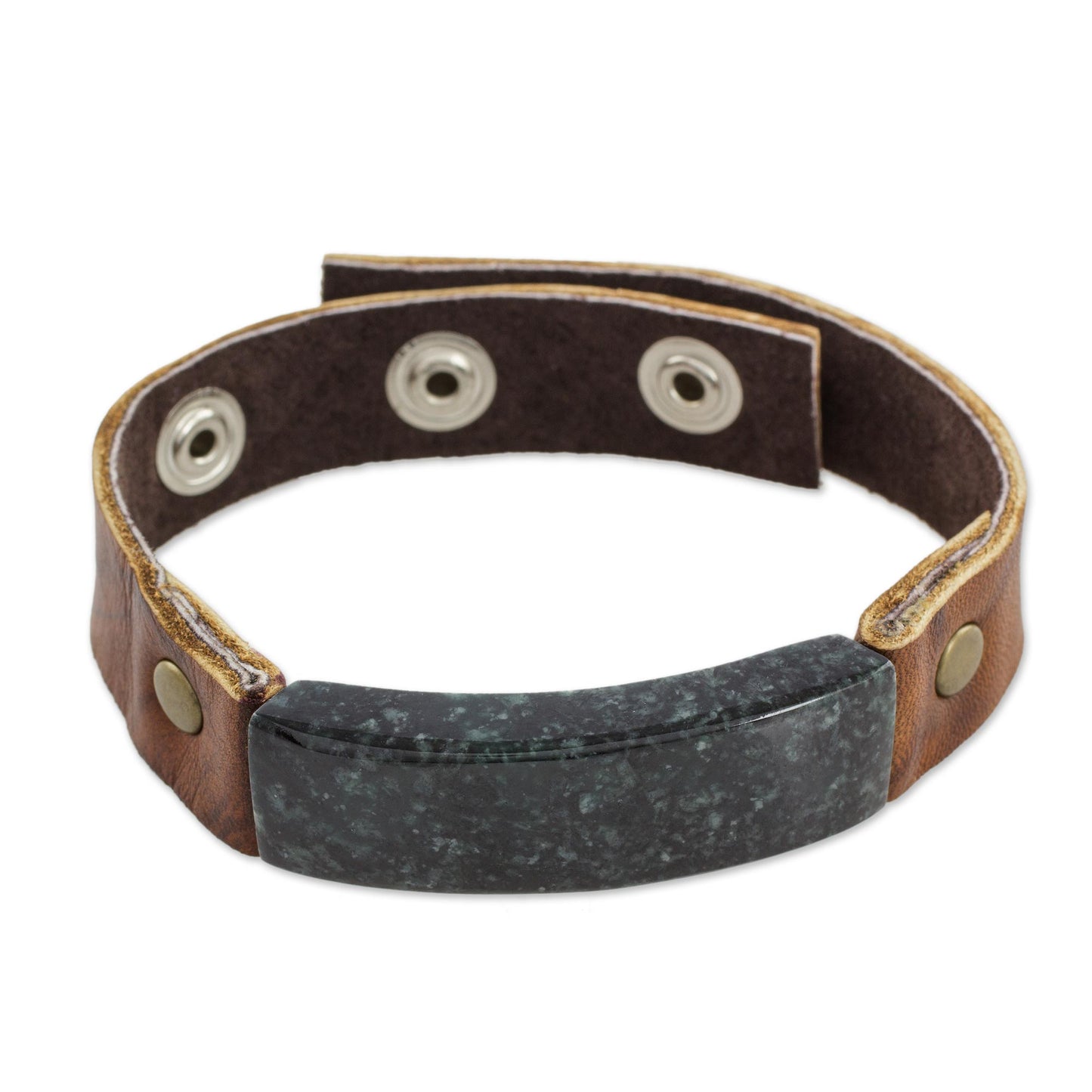 Dark Green Maya Fortress Men's Leather Wristband Bracelet with Dark Green Jade