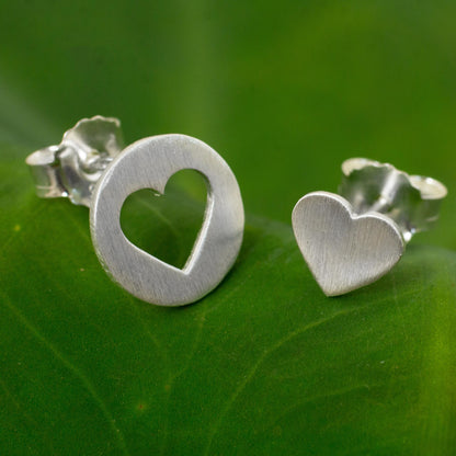 Heart in the Moon Brushed Silver Heart Earrings in Positive and Negative Space