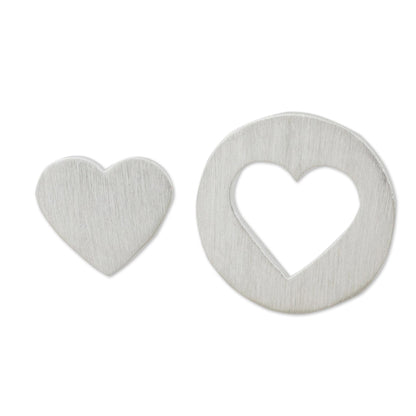 Heart in the Moon Brushed Silver Heart Earrings in Positive and Negative Space