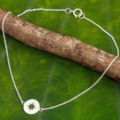 Compass Handcrafted Brushed Sterling Silver Anklet from Thailand