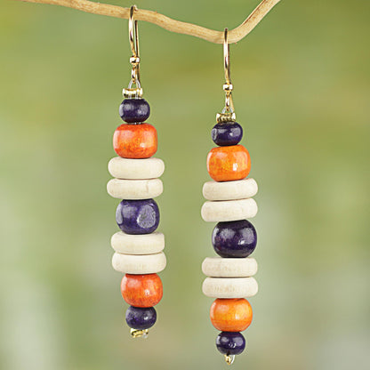 Summer Rain Purple and Orange Sese Wood Dangle Earrings