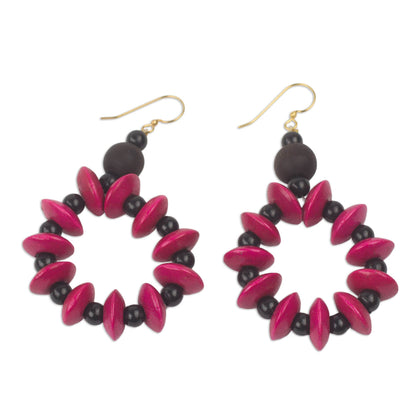 Bloom in Magenta Hand Crafted Sese Wood Dangle Earrings from Ghana