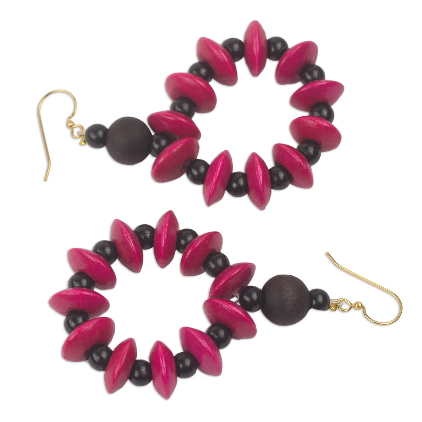 Bloom in Magenta Hand Crafted Sese Wood Dangle Earrings from Ghana