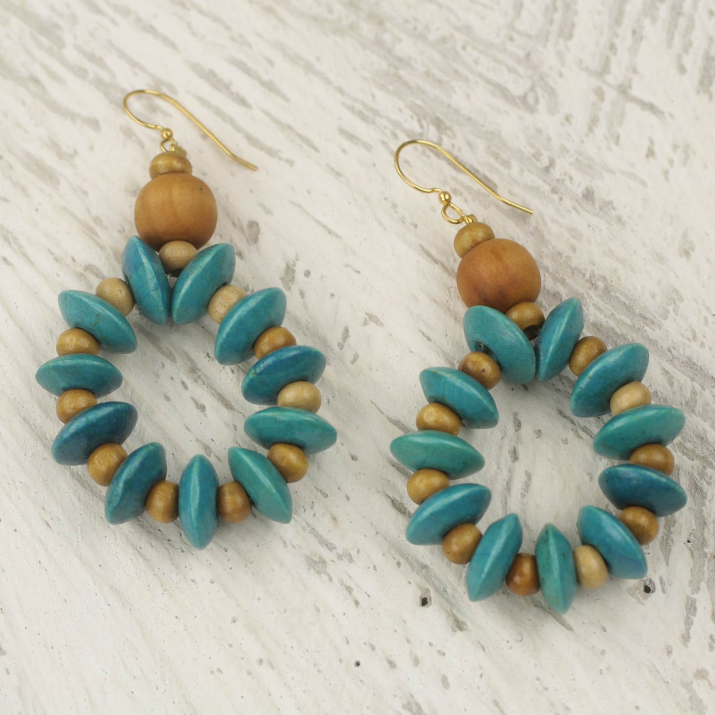 Bloom in Turquoise Artisan Crafted Beaded Wood Dangle Earrings from Ghana