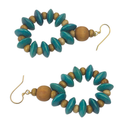 Bloom in Turquoise Artisan Crafted Beaded Wood Dangle Earrings from Ghana