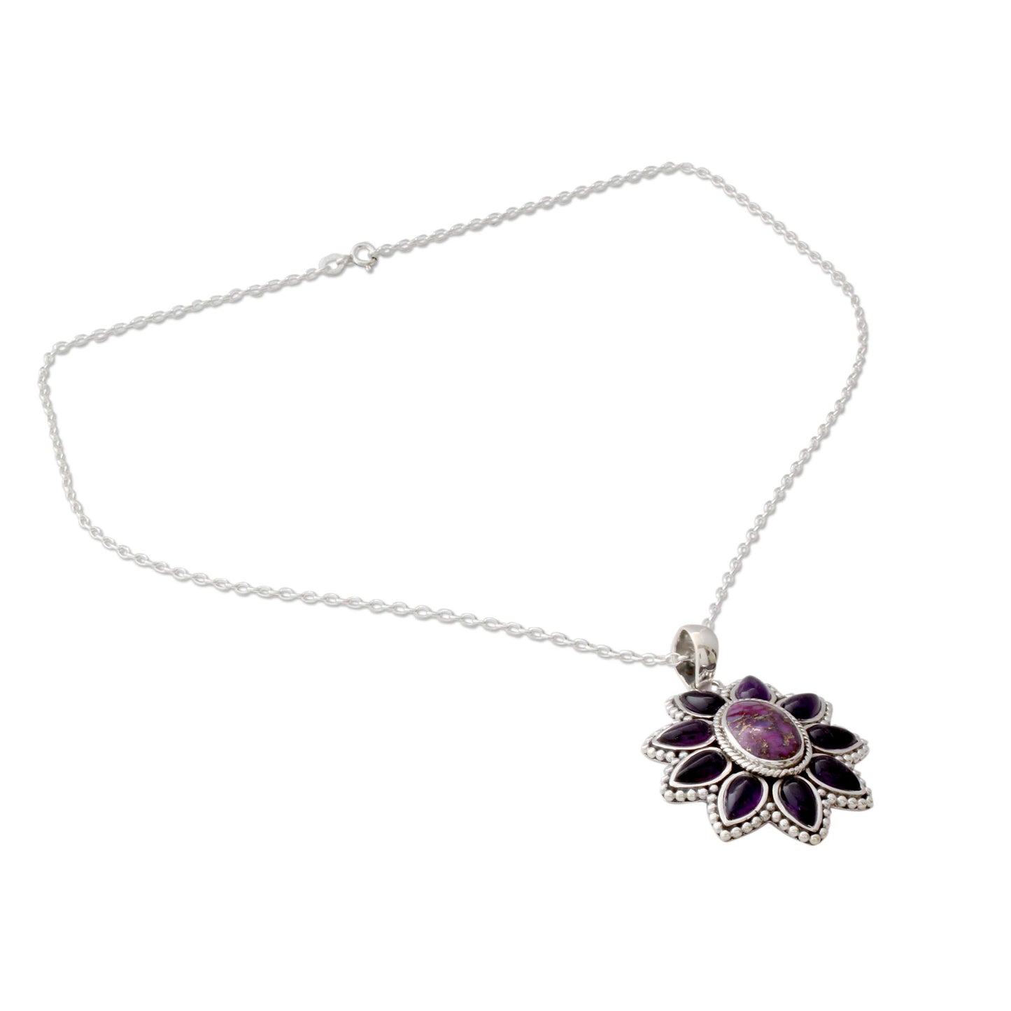 Ruffled Petals Silver Necklace with Amethyst and Composite Turquoise