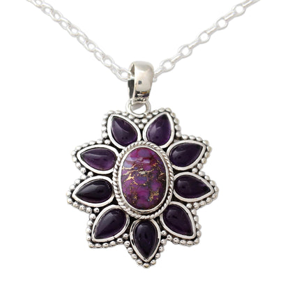 Ruffled Petals Silver Necklace with Amethyst and Composite Turquoise