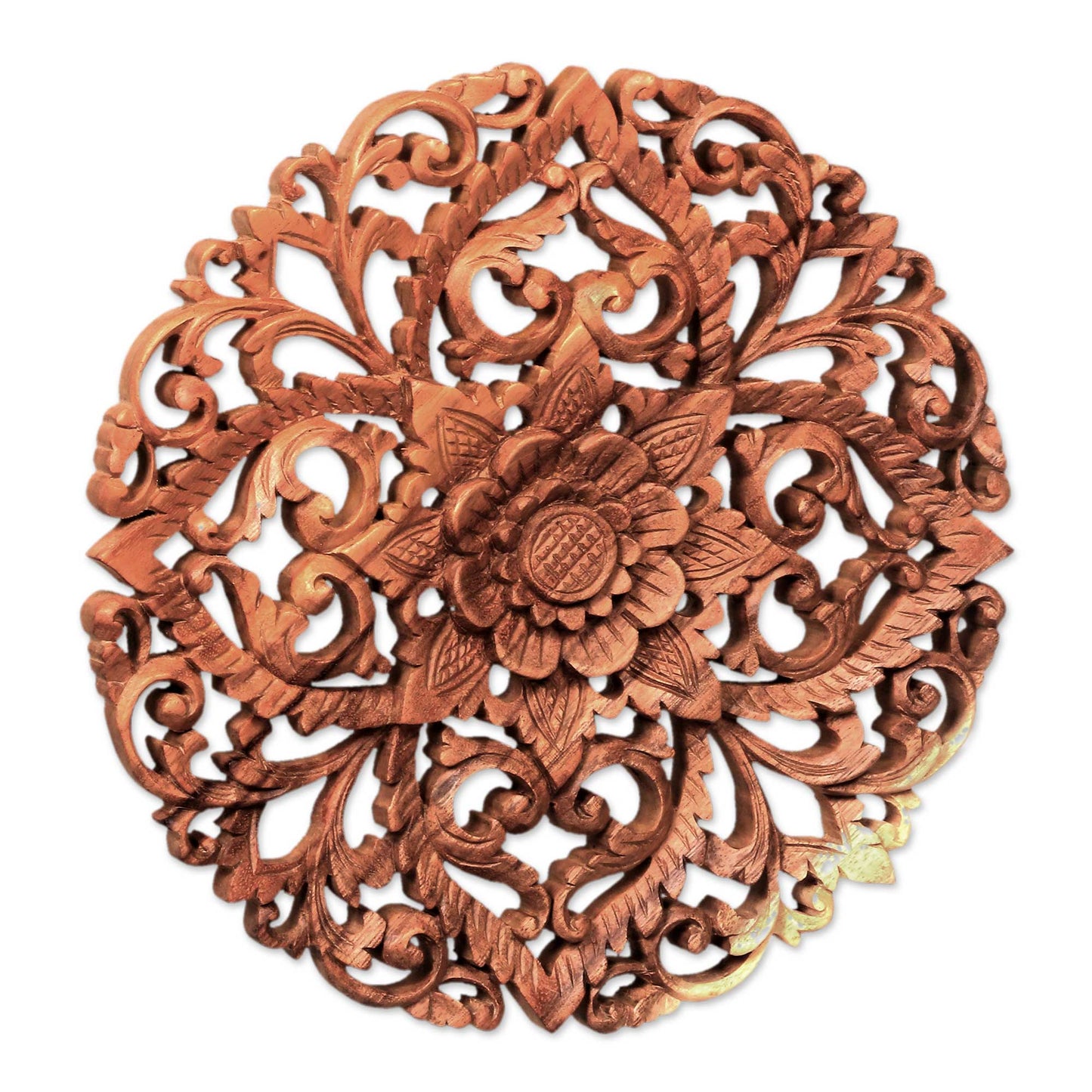 Royal Flower Traditional Balinese Floral Wood Round Relief Panel Carving