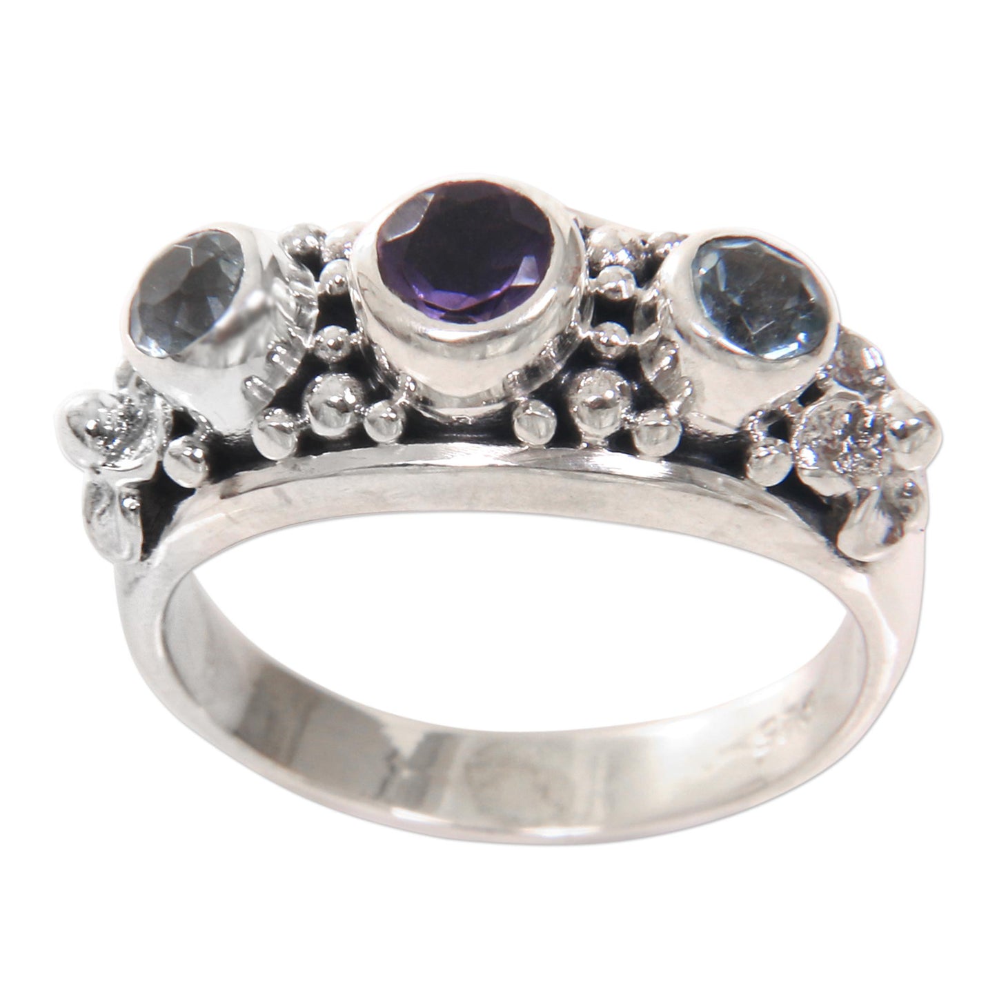 Seminyak Blossoms Amethyst and Blue Topaz Sterling Silver Floral Ring