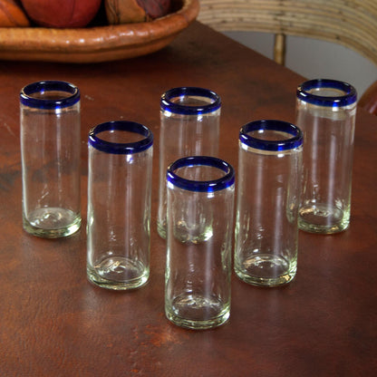 Cobalt Classics Unique Handblown Glass Blue Rim Highball Tumbler