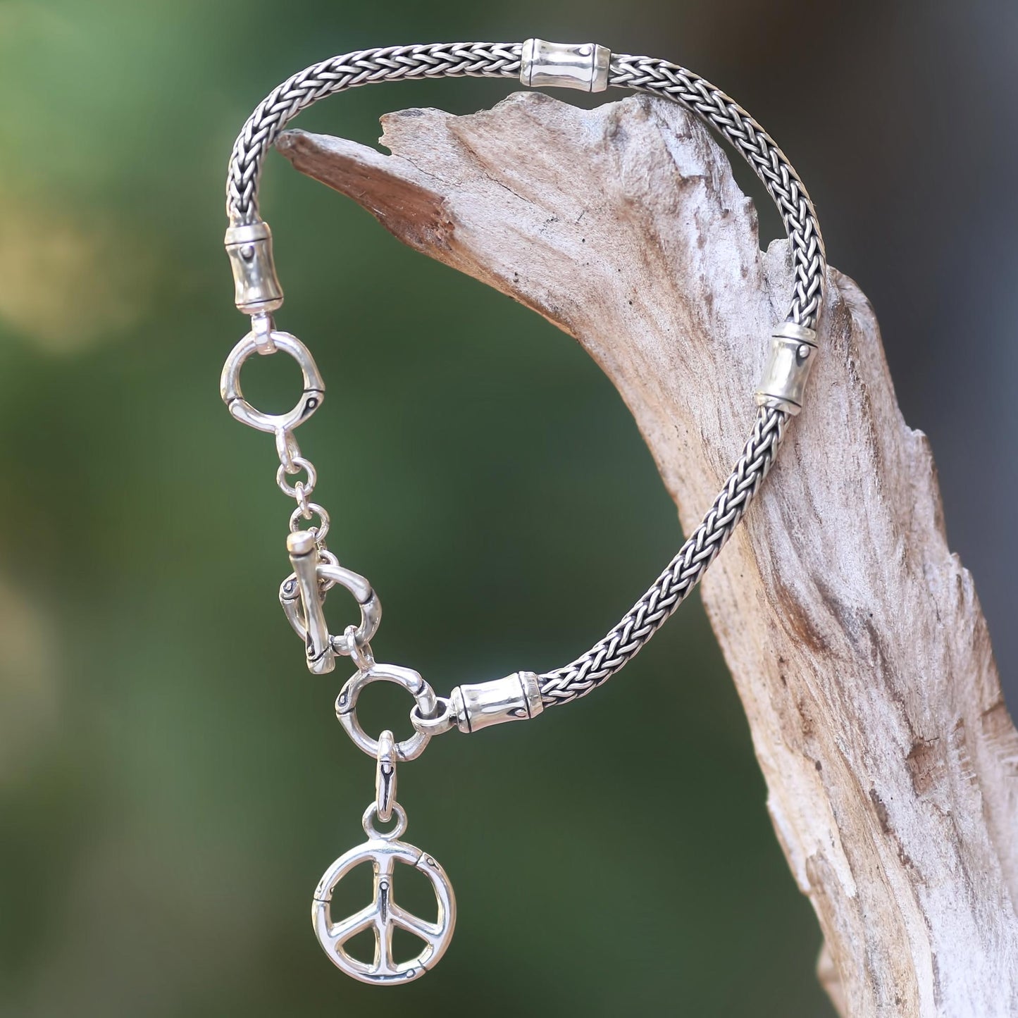 Peaceful Bamboo Artisan Crafted Sterling Silver Bracelet with Peace Charm