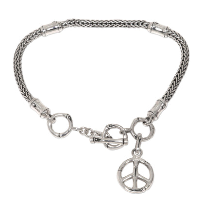 Peaceful Bamboo Artisan Crafted Sterling Silver Bracelet with Peace Charm