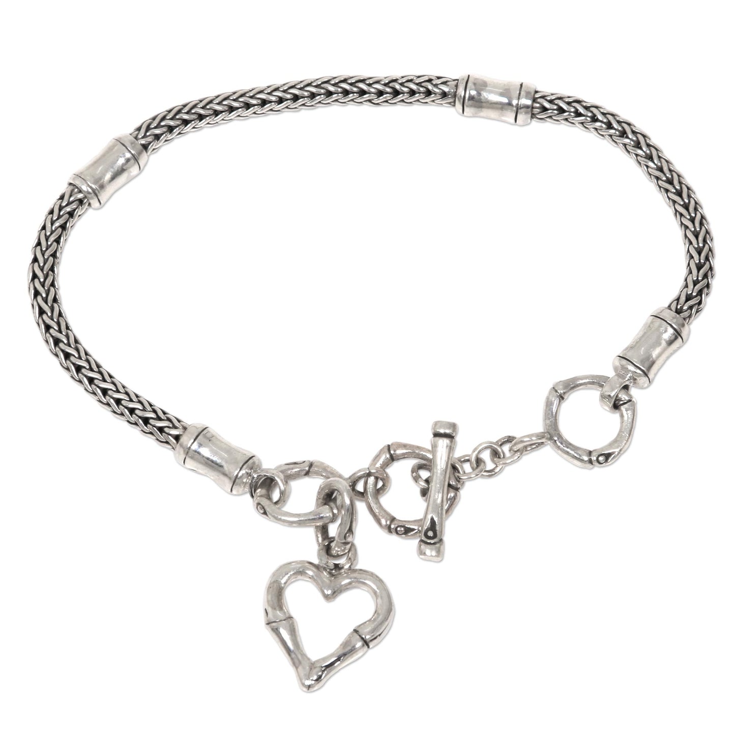 Bamboo Heart Balinese Bamboo Motif Sterling Silver Heart Charm Bracelet