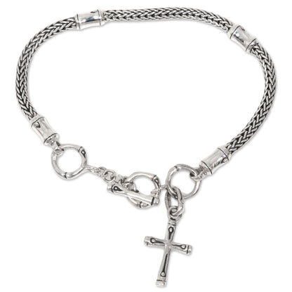 Bamboo Spiritual Hand Crafted Sterling Silver Cross Charm Bracelet from Bali