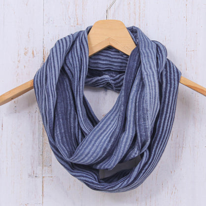 Foggy Night Dark Blue and White 100% Cotton Infinity Scarf from Thailand