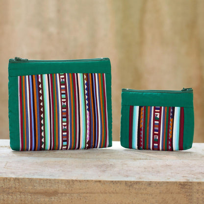 Exotic Lisu in Green Thai Hill Tribe Applique on 2 Cotton Blend Cosmetic Bags