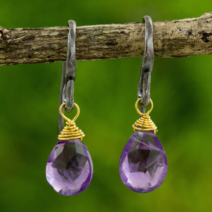 Morning Bright Handmade Gold Accented Amethyst Dangle Earrings