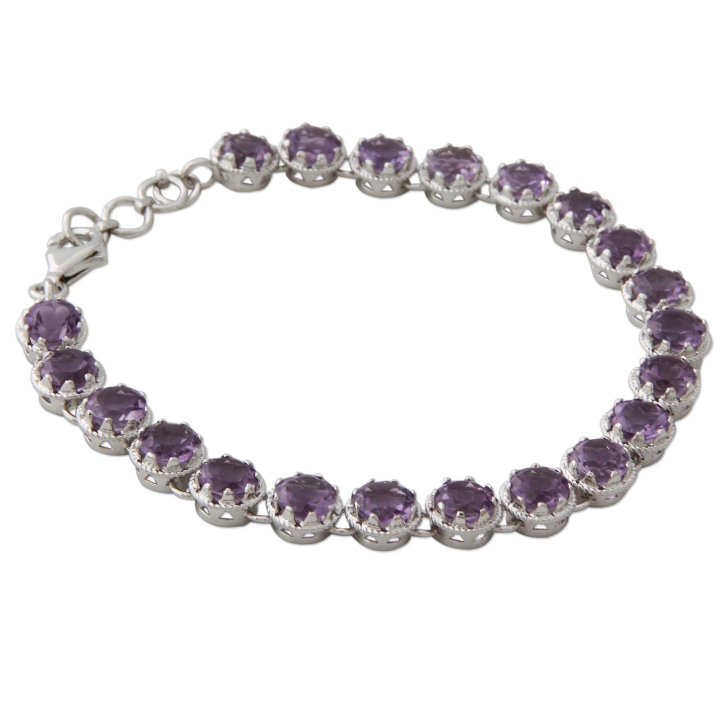 Violet Enchantment Artisan Handcrafted Silver Tennis Bracelet with 21 Amethysts