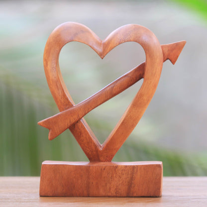 Fall in Love Hand-Carved Natural Wood Heart Statuette from Bali