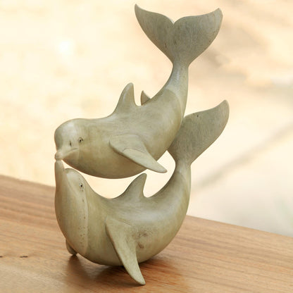 Dolphins in Love Balinese Hand Carved Dolphin Wood Sculpture