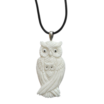 White Owl Family Adjustable Carved Bone Pendant Necklace