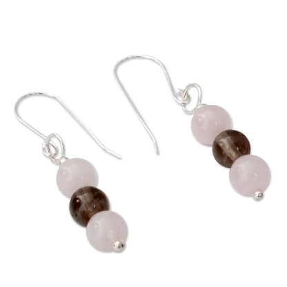 Subtle Mysteries Handcrafted Rose Quartz Earrings with Smoky Quartz