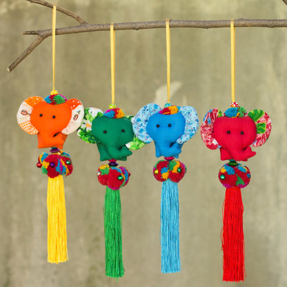 Happy Thai Elephants 4 Artisan Crafted Multicolor Thai Cotton Elephant Ornaments