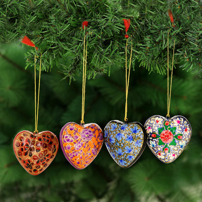 Bouquet of Hearts 4 Artisan Crafted Papier Mache Ornaments Flower Hearts Set