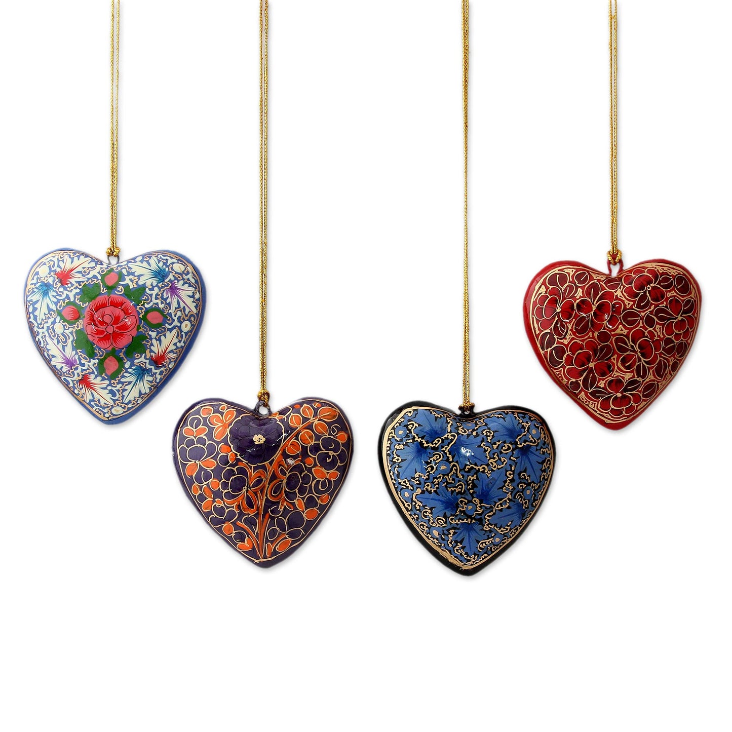 Bouquet of Hearts 4 Artisan Crafted Papier Mache Ornaments Flower Hearts Set