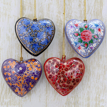 Bouquet of Hearts 4 Artisan Crafted Papier Mache Ornaments Flower Hearts Set