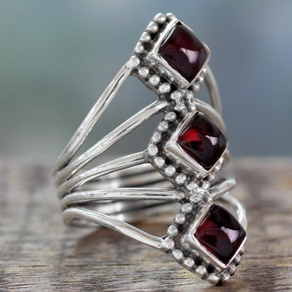 Deep Red Diamonds Red Garnet Artisan Crafted Indian Silver Cocktail Ring