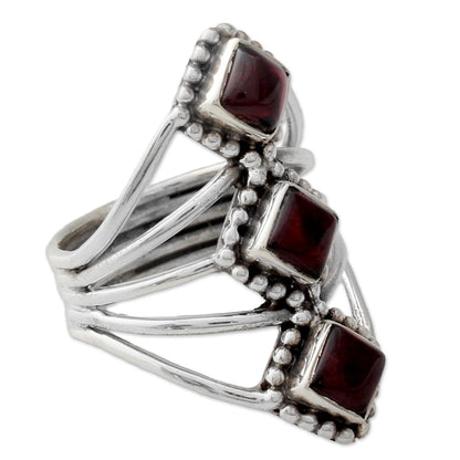 Deep Red Diamonds Red Garnet Artisan Crafted Indian Silver Cocktail Ring