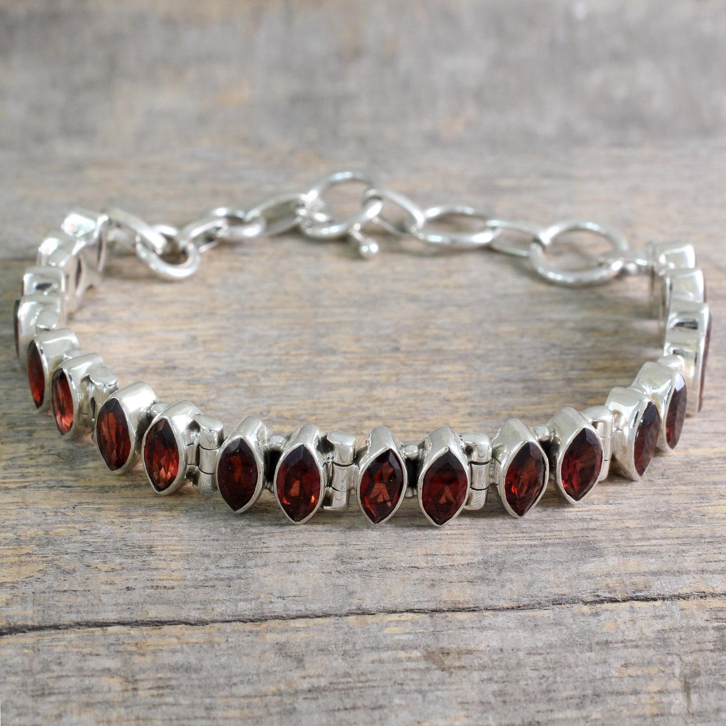 Red Marquise Garnet and Silver Tennis Bracelet Handcrafted in India