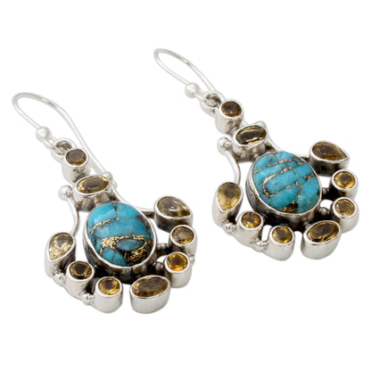 Droplets of Sunshine Sterling Silver Citrine Earrings with Composite Turquoise