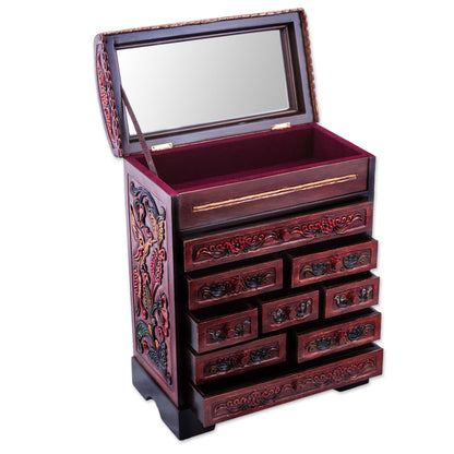 Garden Hummingbirds Peruvian Hand Carved Cedar Wood Jewelry Box with Mirror