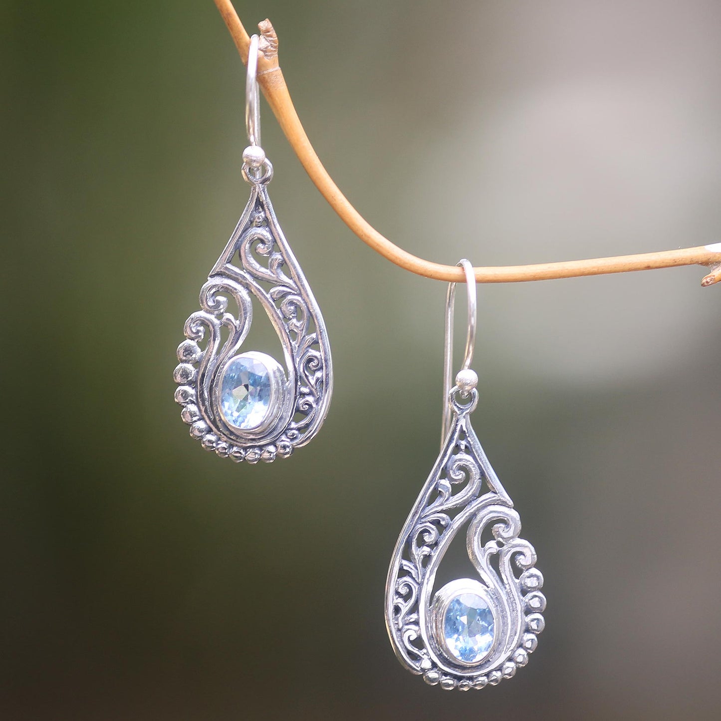 Blue Tendrils Artisan Crafted Blue Topaz and Sterling Silver Earrings